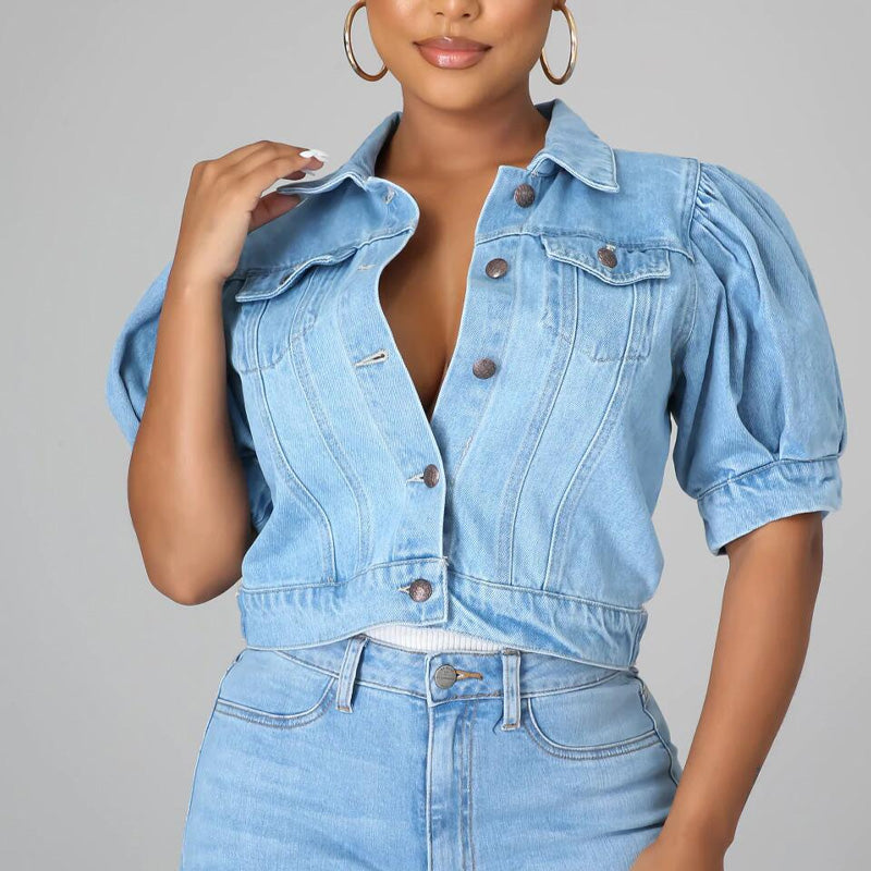 đ§„ 50% RABATT NU! đ Dam puff kort Ă€rm croppad denimjacka â Vintage detaljer & mjuk blandning â Smickrande midjesnitt â perfekt för vĂ„r och sommar đ