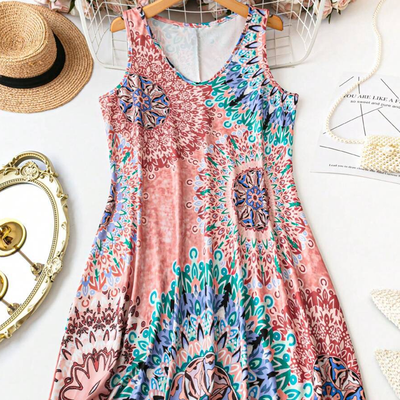 đ 50% RABATT NU!đŽ Avslappnad Ărmlös A-linje SommarklĂ€nning â LĂ€tt & Casual Tryck â Strand & Picknick Essential đč