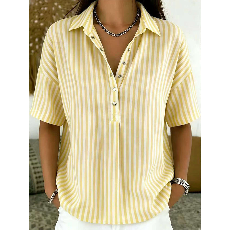 👚 50% RABATT NU!🌿 Dam Casual Randig Kortärmad Skjorta – Lös Passform & V-Ringning – Sommar Essential 🛍️