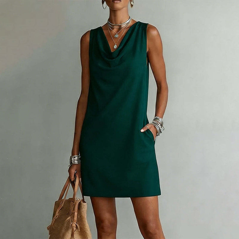 👗 LIMITED-TIME 50% OFF! 💥 Elegant Slim Fit Cowl Neck Dress – Sleeveless, Side Pockets, Versatile ✨