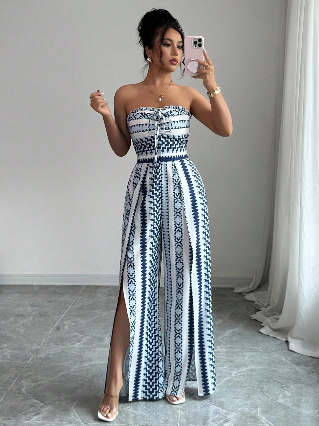 👗 50% RABATT NU! 💥 Geometrisk jumpsuit med halsringning & sidoslits – Unikt mönster & elastisk rygg – Mångsidig, perfekt för sommarfester eller semesterkläder ✨