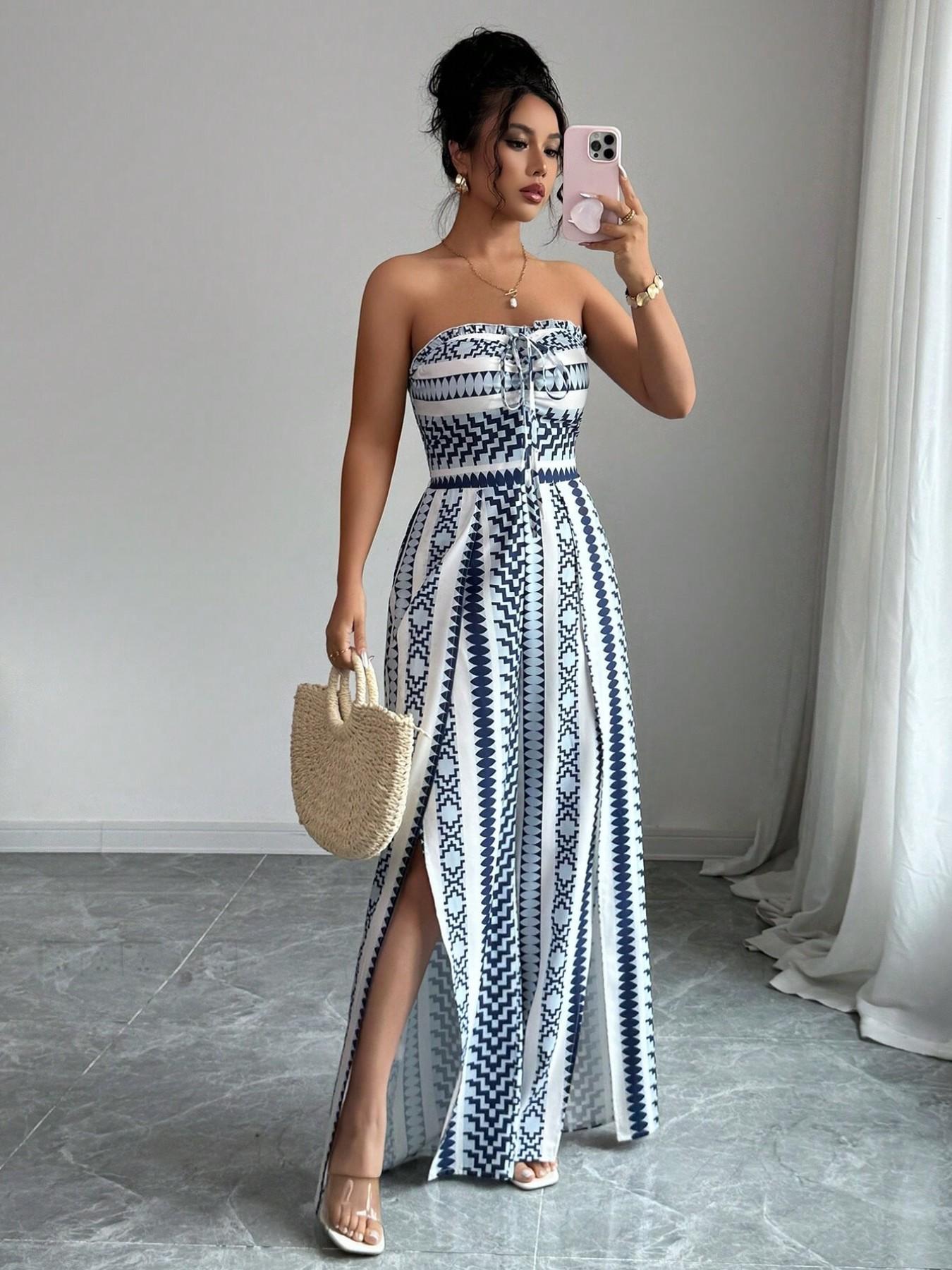 👗 50% RABATT NU! 💥 Geometrisk jumpsuit med halsringning & sidoslits – Unikt mönster & elastisk rygg – Mångsidig, perfekt för sommarfester eller semesterkläder ✨