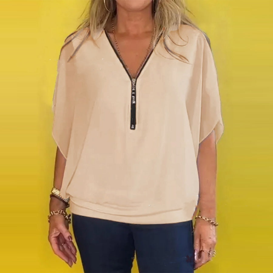 ⏰Limiterad tid 50% rabatt på försäljning🌸Dam Chiffon Zip Neck Casual Top (begränsad upplaga)