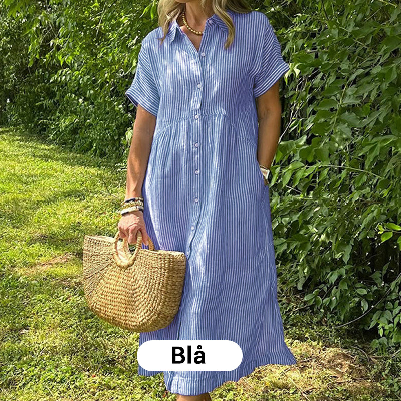 💗Sommarrea - 50% rabatt💗 Randig lång V-ringad skjortklänning för kvinnor