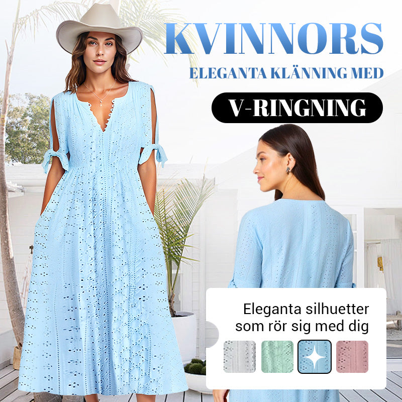 ⏰Begränsad tid 50% rabatt🌸 Elegant klänning med V-ringning och broderie anglaise för dam