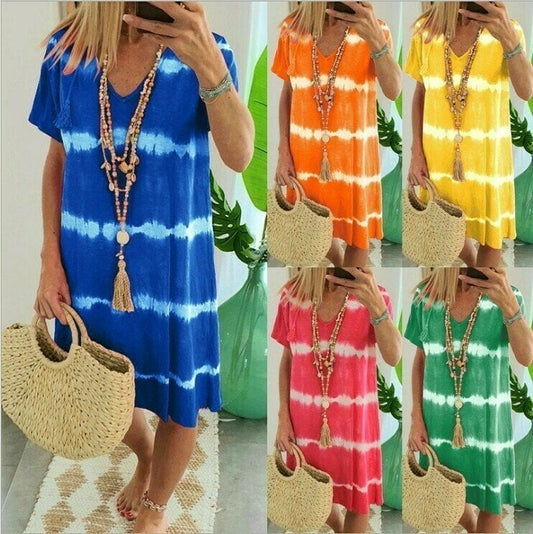 🔥🎁 Nyhet 50 % RABATT 🔥🔥 Tie-dye Randig Kortärmad Lös T-shirt Klänning – Sommarens mest avslappnade look ☀️