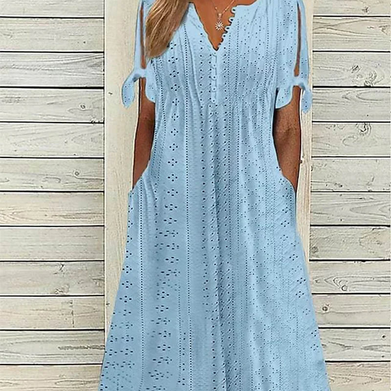 ⏰Begränsad tid 50% rabatt🌸 Elegant klänning med V-ringning och broderie anglaise för dam
