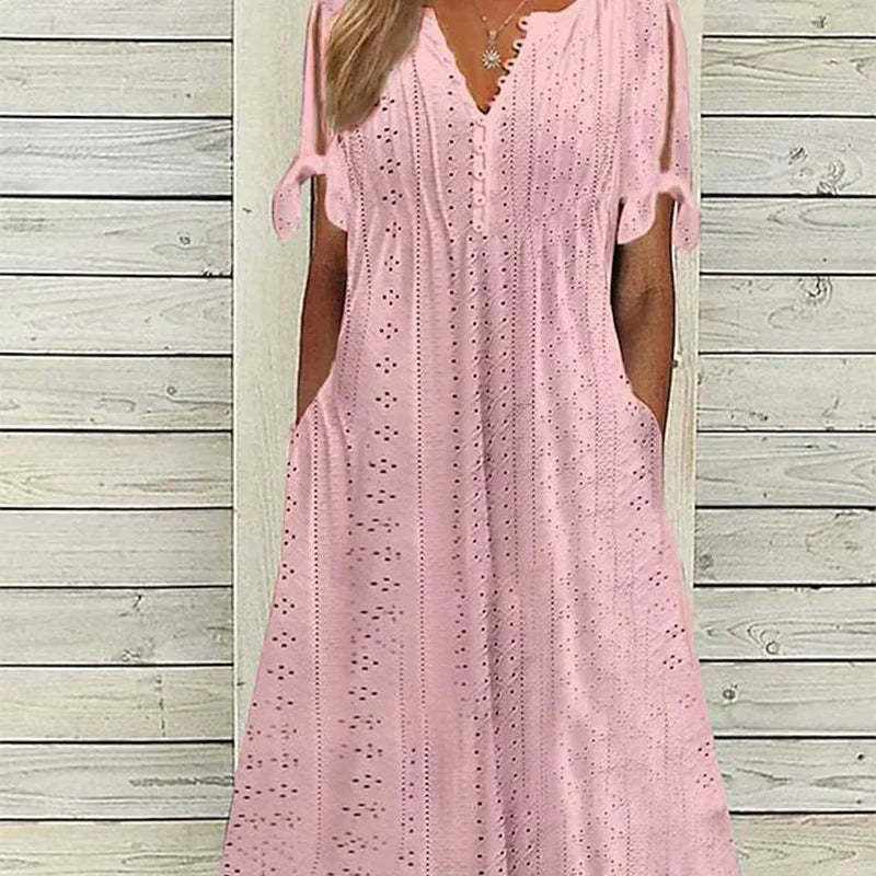 ⏰Begränsad tid 50% rabatt🌸 Elegant klänning med V-ringning och broderie anglaise för dam