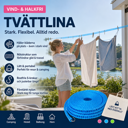 🧺 KJØP 1, FÅ 1 GRATIS! 🌬️ Vindbeskyttet og sklisikker klesline ✨ Tørker raskt, er sikker og enkel å sette opp – perfekt for hjemmet og balkongen ☀️