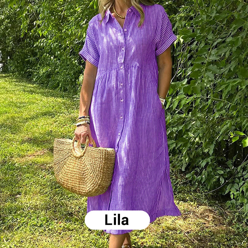 💗Sommarrea - 50% rabatt💗 Randig lång V-ringad skjortklänning för kvinnor