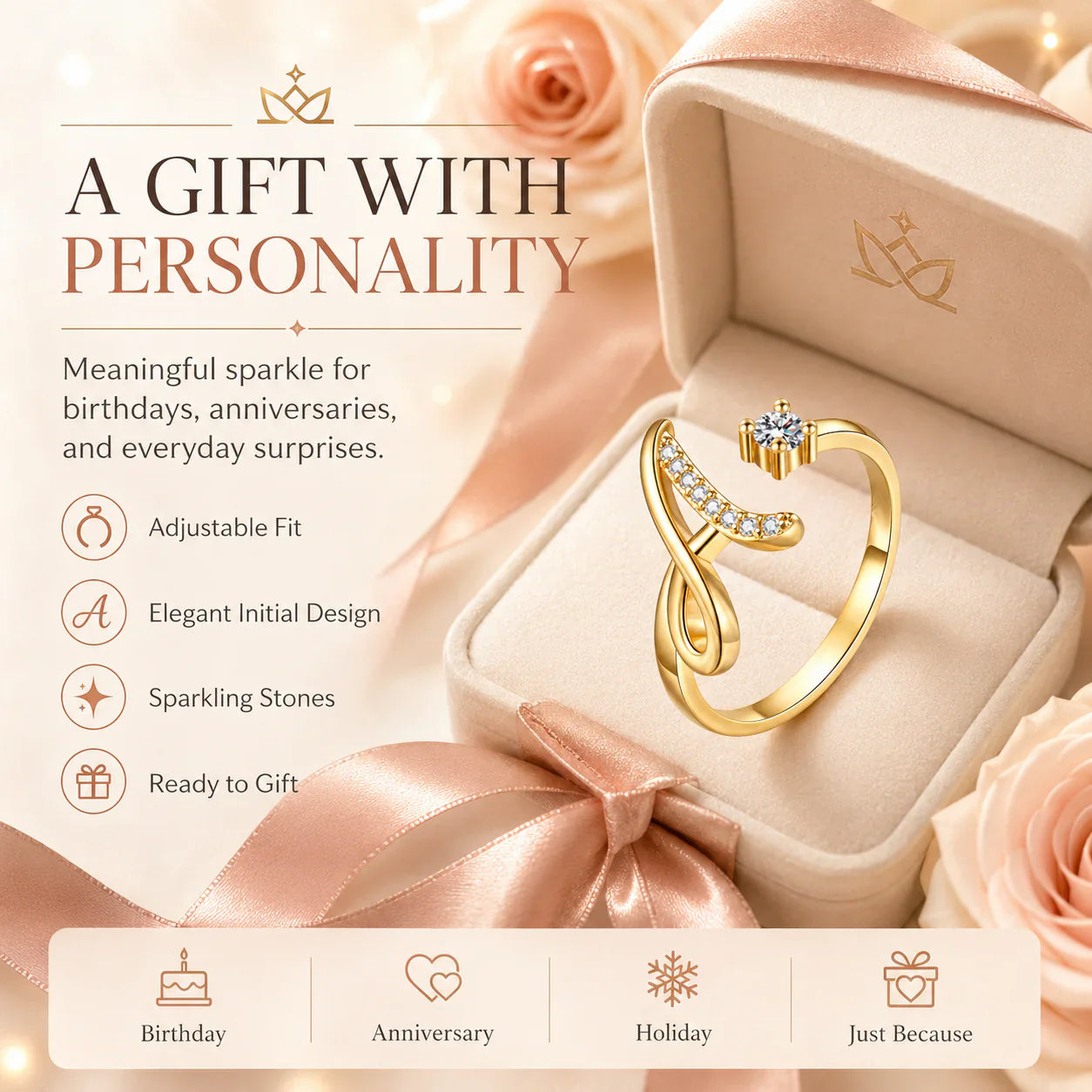 ✨50% RABATT NU! ✨Justerbar Glittrande Initialring för Kvinnor