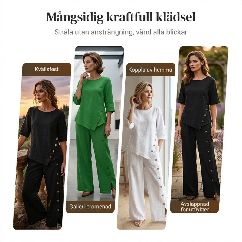 Tvådelade Set för Kvinnor: Topp med Oregelbunden Fåll och Vida Byxor