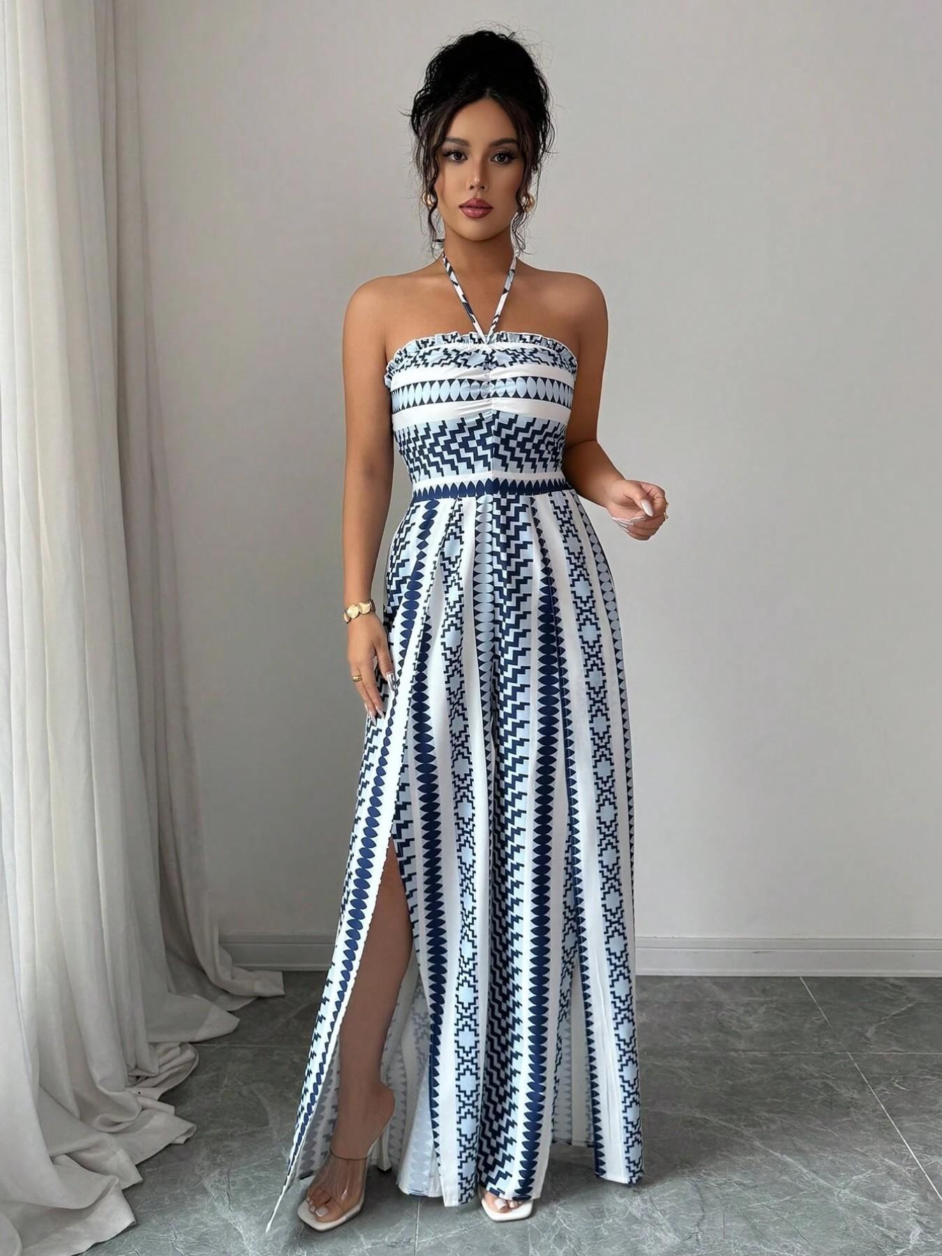 👗 50% RABATT NU! 💥 Geometrisk jumpsuit med halsringning & sidoslits – Unikt mönster & elastisk rygg – Mångsidig, perfekt för sommarfester eller semesterkläder ✨