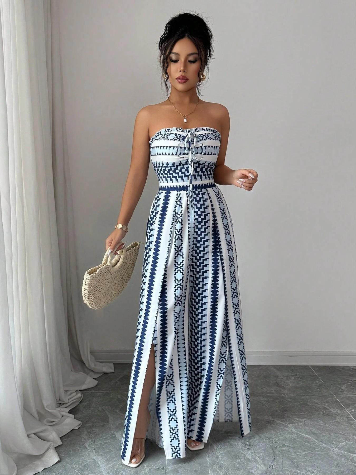 👗 50% RABATT NU! 💥 Geometrisk jumpsuit med halsringning & sidoslits – Unikt mönster & elastisk rygg – Mångsidig, perfekt för sommarfester eller semesterkläder ✨