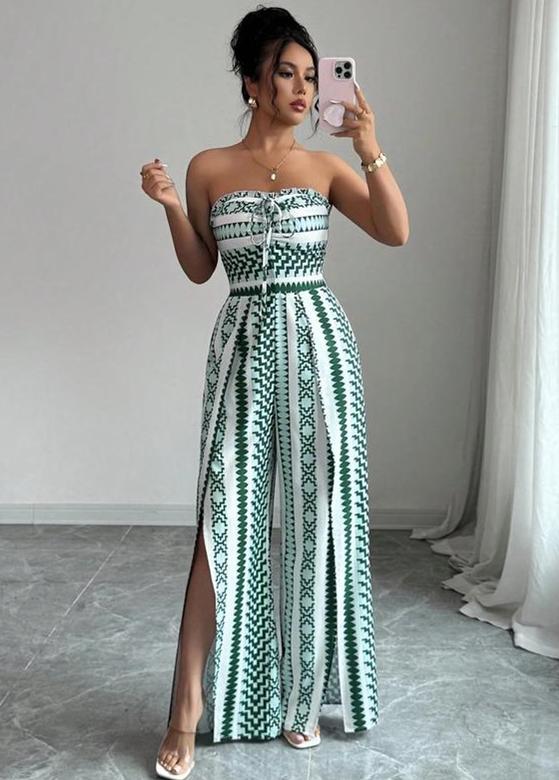👗 50% RABATT NU! 💥 Geometrisk jumpsuit med halsringning & sidoslits – Unikt mönster & elastisk rygg – Mångsidig, perfekt för sommarfester eller semesterkläder ✨