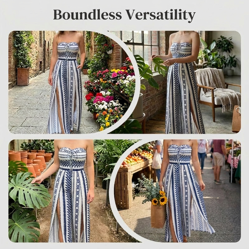 👗 50% RABATT NU! 💥 Geometrisk jumpsuit med halsringning & sidoslits – Unikt mönster & elastisk rygg – Mångsidig, perfekt för sommarfester eller semesterkläder ✨