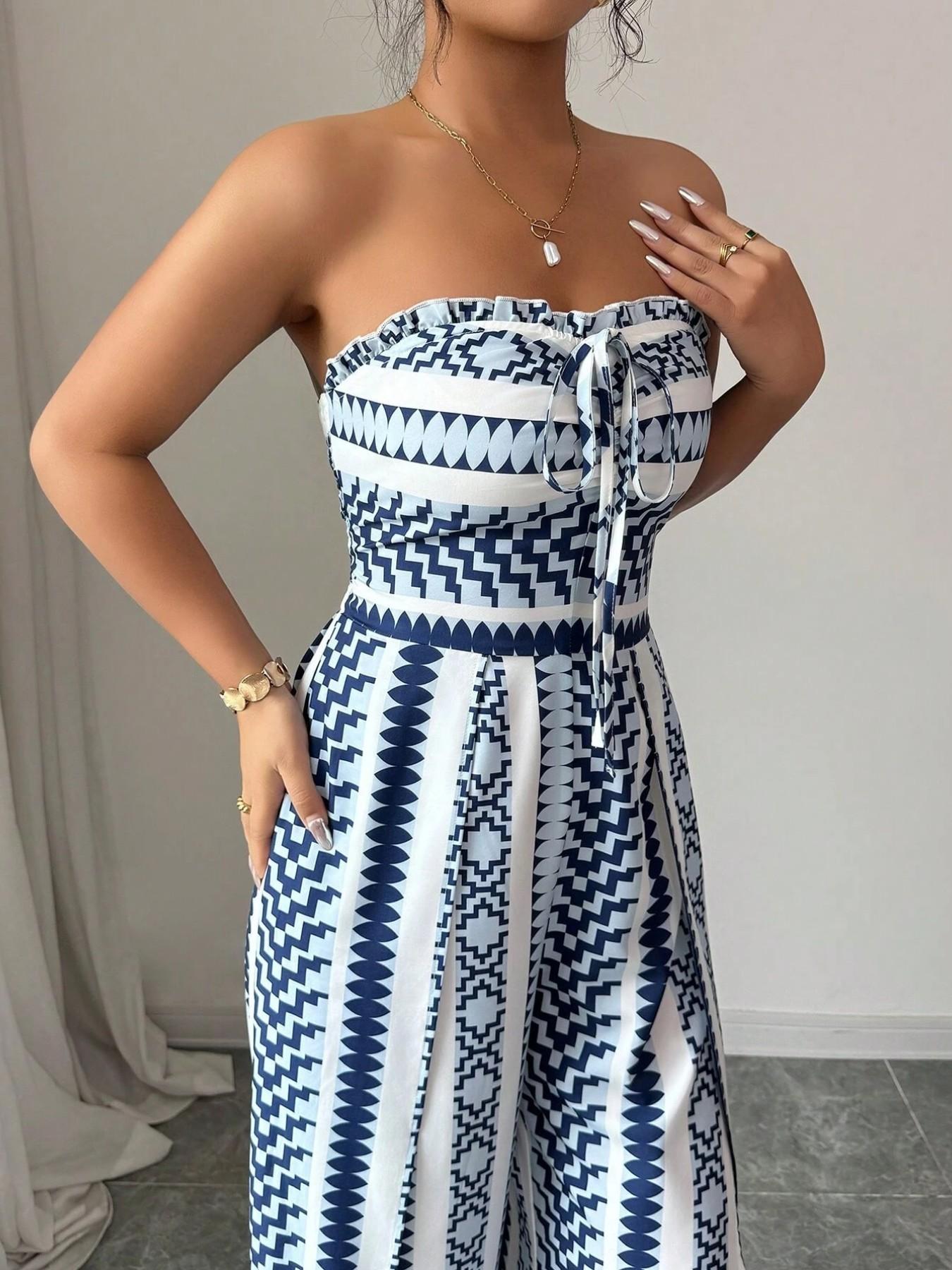 👗 50% RABATT NU! 💥 Geometrisk jumpsuit med halsringning & sidoslits – Unikt mönster & elastisk rygg – Mångsidig, perfekt för sommarfester eller semesterkläder ✨