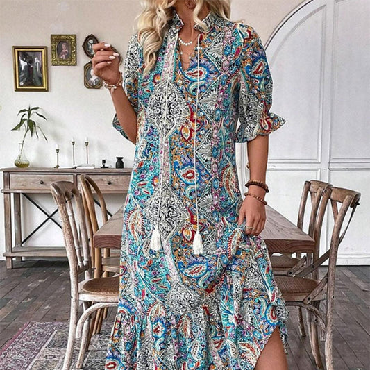 💃2025 ny begränsad upplaga 50 % rabatt för kvinnor med V-ringad blommig sommarklänning🌸