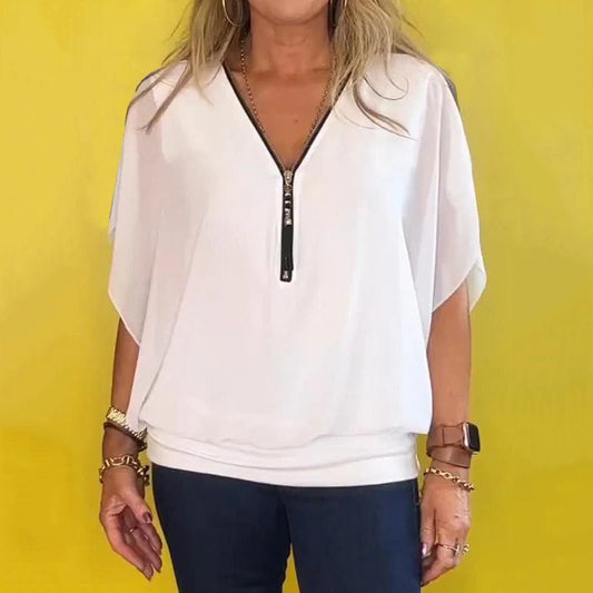 ⏰Limiterad tid 50% rabatt på försäljning🌸Dam Chiffon Zip Neck Casual Top (begränsad upplaga)