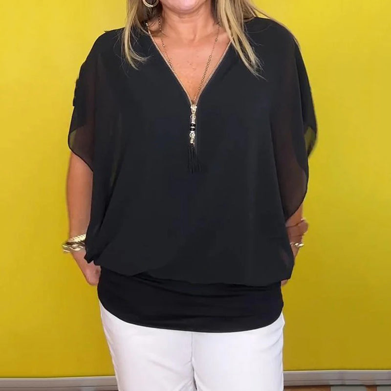 ⏰Limiterad tid 50% rabatt på försäljning🌸Dam Chiffon Zip Neck Casual Top (begränsad upplaga)