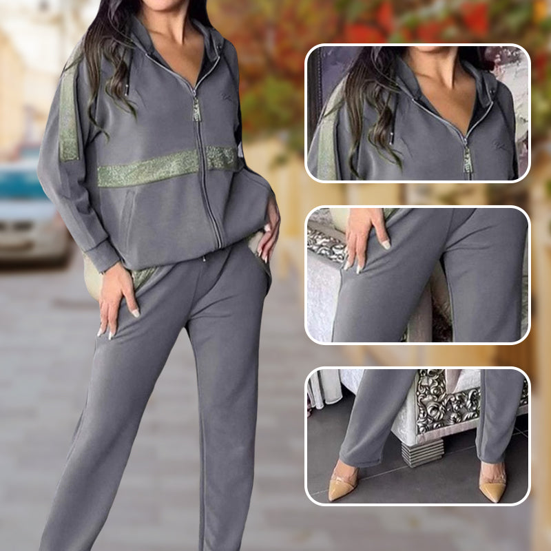 🎅Julera med 50 % rabatt💥Dam Paljetter - Utsmyckade enfärgade casual 2-delade set