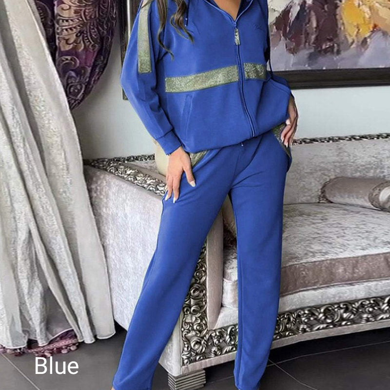 🎅Julera med 50 % rabatt💥Dam Paljetter - Utsmyckade enfärgade casual 2-delade set