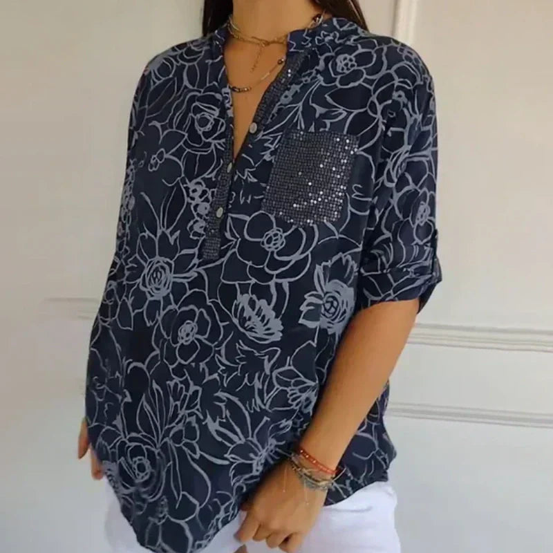 🔥Våren 2025 Nyankomne - 50 % rabatt🔥Bluse med blomstermønster og V-hals for dame