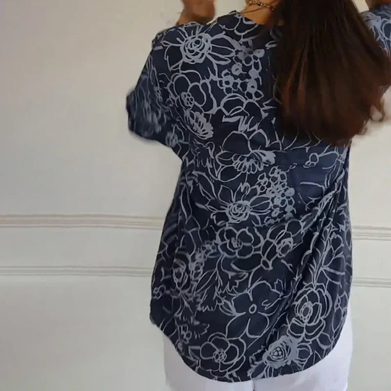 🔥Våren 2025 Nyankomne - 50 % rabatt🔥Bluse med blomstermønster og V-hals for dame