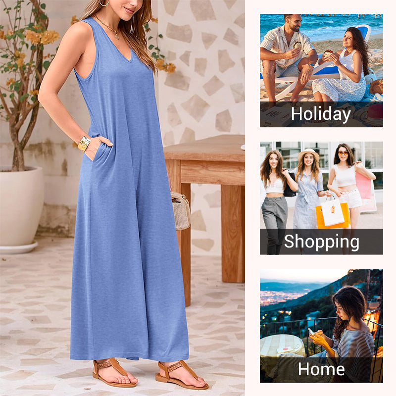 💃2025 nya produkter 50% rabatt under en begränsad tid🌸V-ringad ärmlös jumpsuit med vida ben för kvinnor