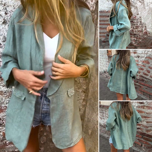 💃Blazer med öppen front i bomull och linne för kvinnor🔥