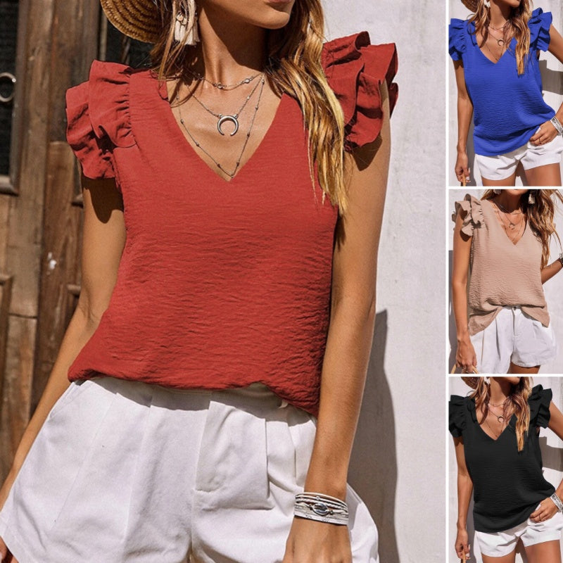 V-Neck Ruffle Ärmlös Stretch Top