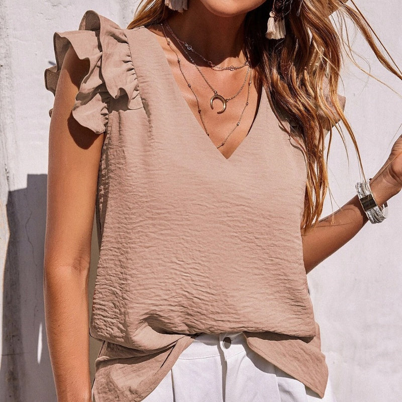 V-Neck Ruffle Ärmlös Stretch Top