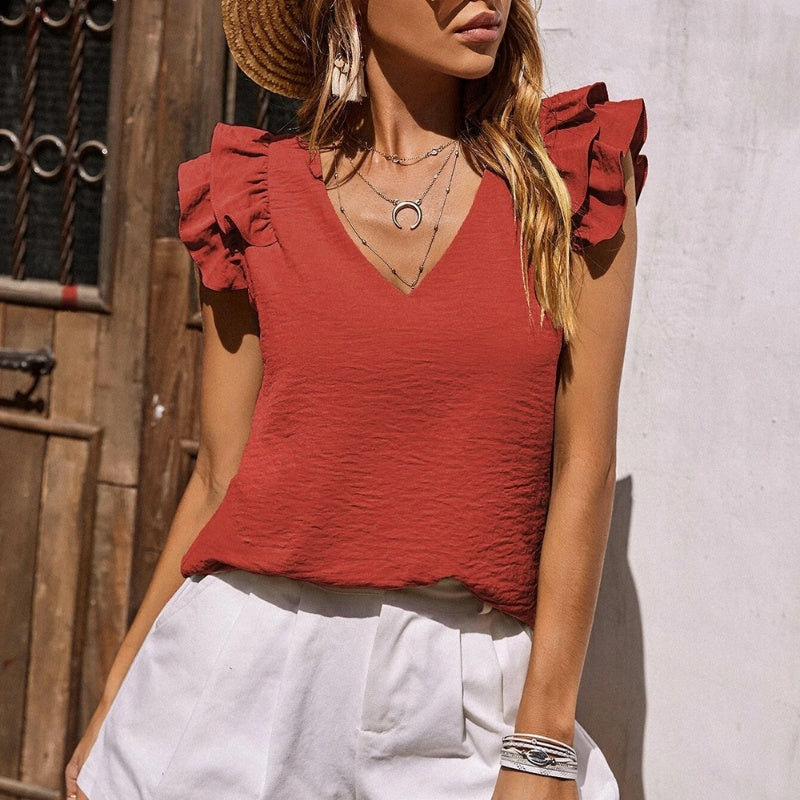 V-Neck Ruffle Ärmlös Stretch Top