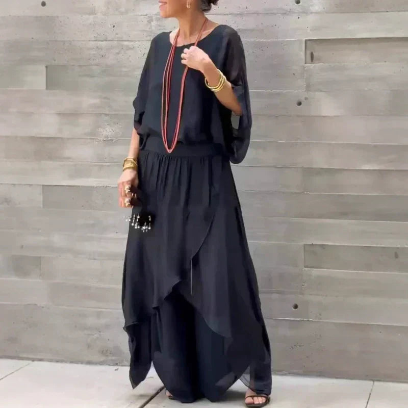💃HOT REA 50% RABATT 🎁Lös topp & slitsade byxor Chiffong 2-delad