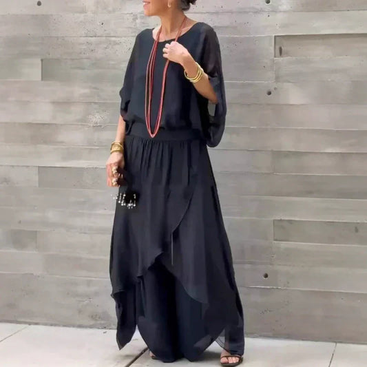 💃HOT REA 50% RABATT 🎁Lös topp & slitsade byxor Chiffong 2-delad