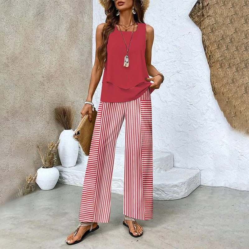 🌴 50% RABATT NU!👗 Damtrendigt Tryckt 2-Delars Set – Ärmlös Top & Byxor – Mühelös Semesterstil ✨