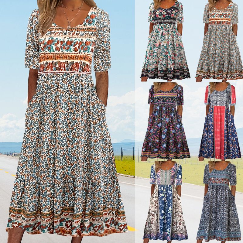 🌸✨ Elegant klänning med bohemtryck för kvinnor