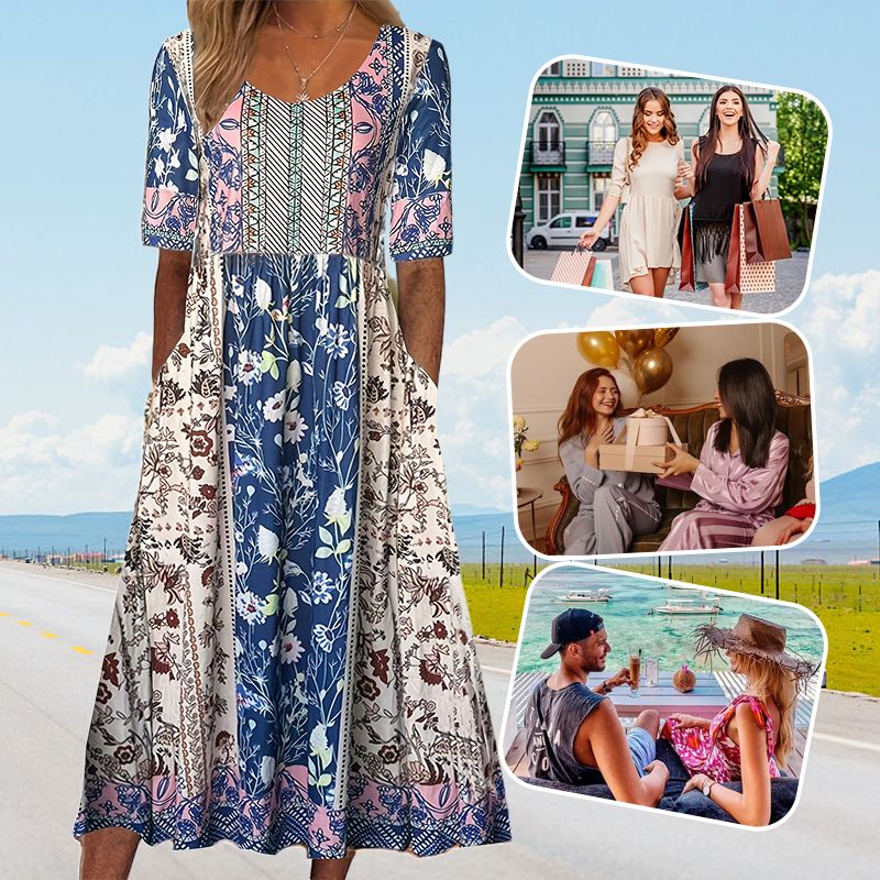 🌸✨ Elegant klänning med bohemtryck för kvinnor