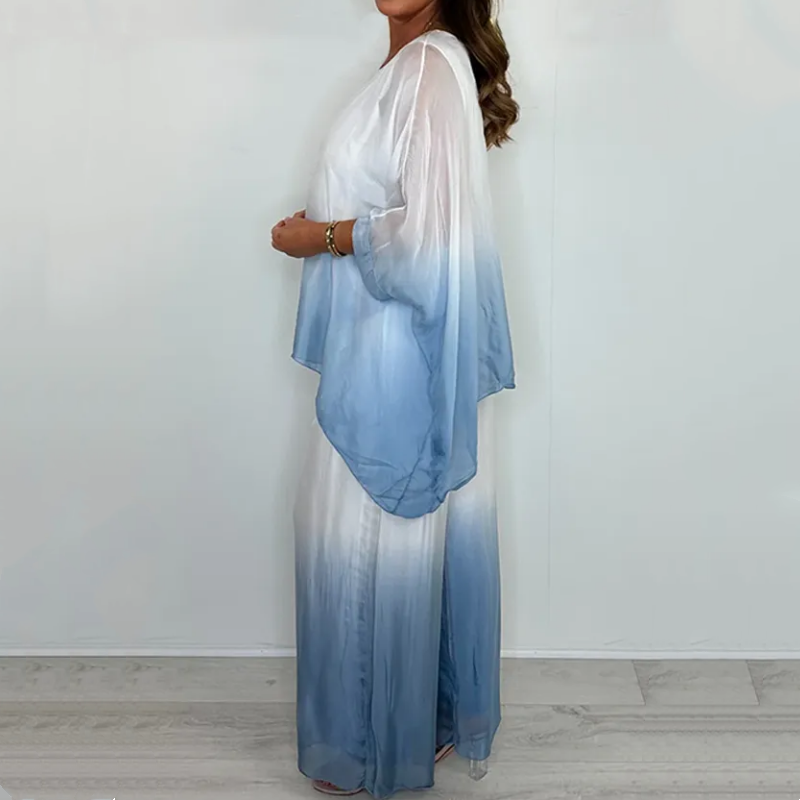 💃2025 ny stil begränsad 50% rabatt erbjudande🔥Mesh-blandning dip-färgad lös draperad topp och byxa set🌸