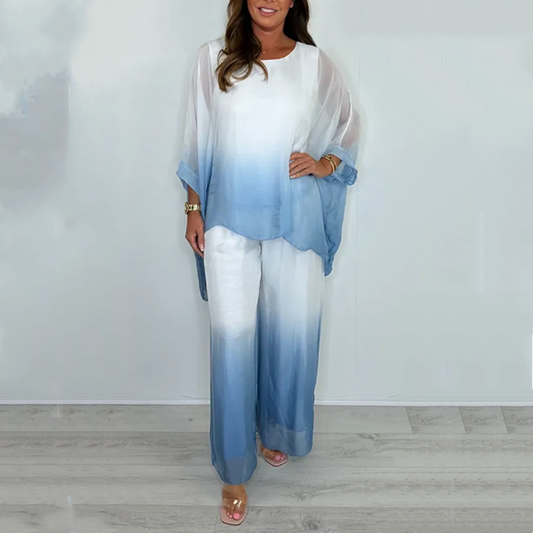 💃2025 ny stil begränsad 50% rabatt erbjudande🔥Mesh-blandning dip-färgad lös draperad topp och byxa set🌸