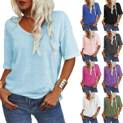 ✨2025 Begränsad tid 50 % rabatt🌸 Enfärgad V-ringad T-shirt dam