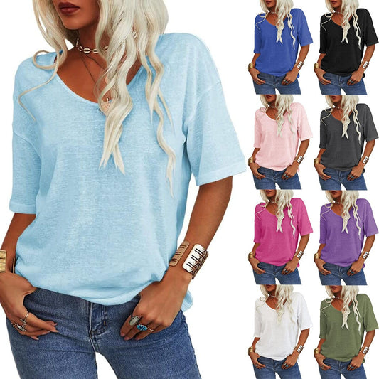 ✨2025 Begränsad tid 50 % rabatt🌸 Enfärgad V-ringad T-shirt dam