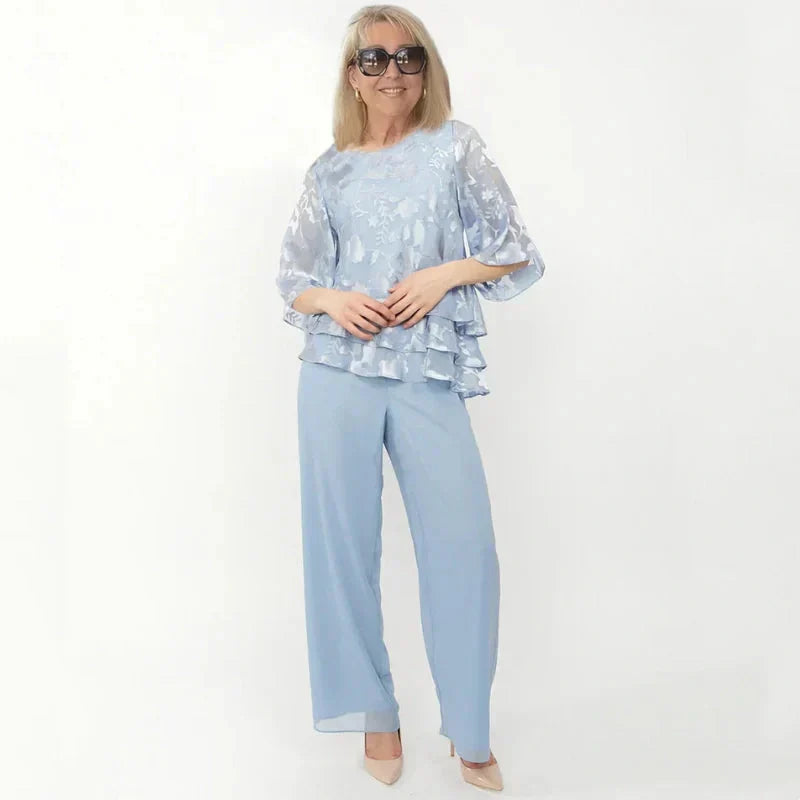 💝Elegant damtopp i chiffong med vida ben och byxor