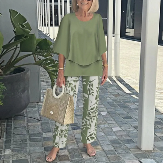 🌸Set med tryckta byxor och rundhalsad topp (begränsad upplaga)