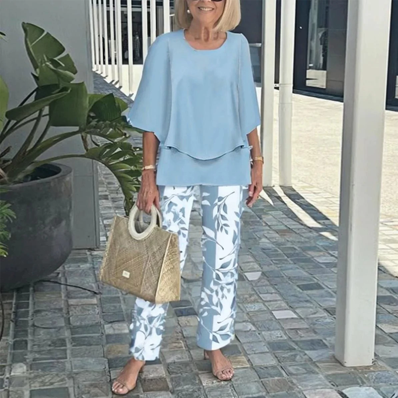 🌸Set med tryckta byxor och rundhalsad topp (begränsad upplaga)