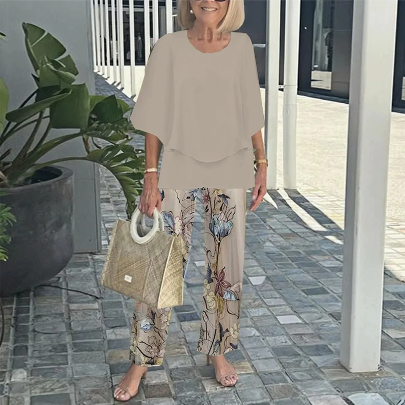 🌸Set med tryckta byxor och rundhalsad topp (begränsad upplaga)