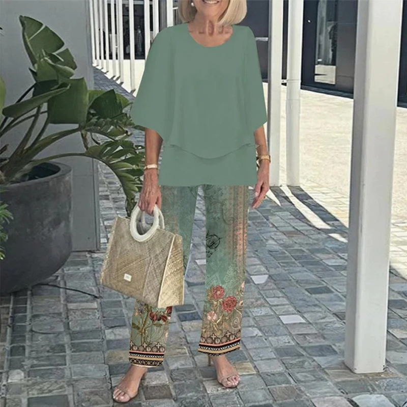 🌸Set med tryckta byxor och rundhalsad topp (begränsad upplaga)