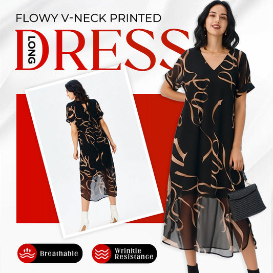 👗 50% RABATT NU! 🎀 Böljande V-ringad tryckt långklänning – Mjukt, luftig & romantisk – Perfekt för sommaren, stranden eller en kvällspromenad – böljande siluett med elegant fall ✨🌸