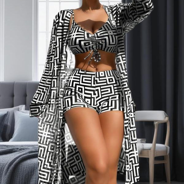 👙 50% RABATT NU! 🌊 Women's 3-Piece Geometric Print Swimwear Set – Mångsidig, Stödjande & Snabbtorkande ✨