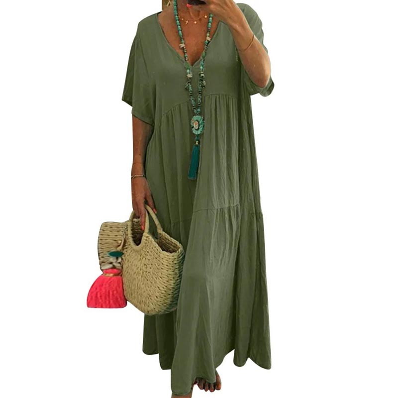 👗 50% RABATT NU! 🌿 Kvinnors Kortärmad Maxiklänning – Avslappnad V-ringning, Bomullsblandning & Golvlängd – Perfekt För Strand eller Vintagefester ✨